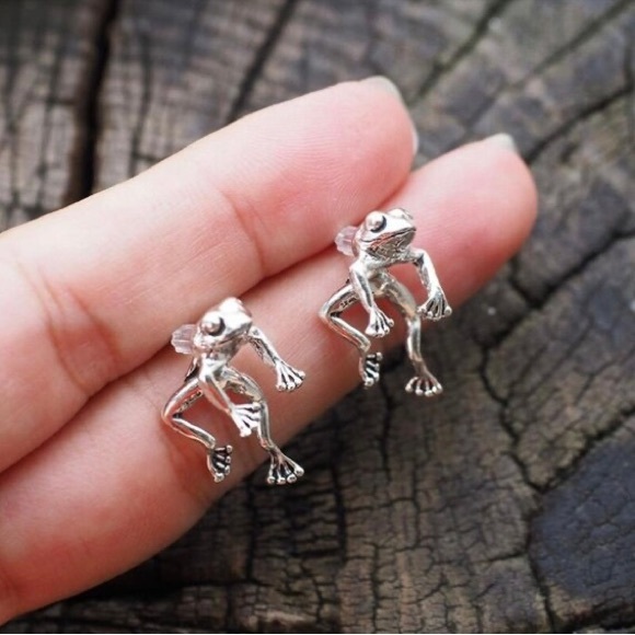 Frog Earring and Necklace Set Jewelry Silver Finish Pierced Earring Unisex. - Picture 2 of 5